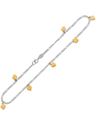 14K Yellow Gold and Sterling Silver Anklet with Heart Charms