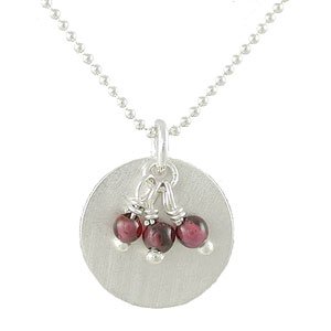 Round Brushed Satin Disc Pendant in Sterling Silver with Garnet Gemstone Beads on a 16" Sterling Bead Chain, #7870