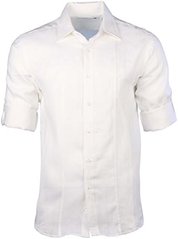 Mojito Collection Men's Linen Double Striped Front Core Rolled-Sleeve Shirt-White-2XL