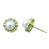 Crystal Circlet Cultured Pearl 18k Yellow Gold Overlay Sterling Silver Stud Earrings, Natural White