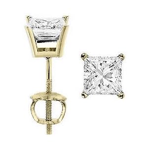 Princess Cut 0.25 carat ct 1/4 carat Diamond Stud Earrings (D Color I Clarity) with Screw Back Design in 14k White or Yellow Gold