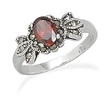 Sterling Silver Small Oval Red CZ with Marcasite Ring