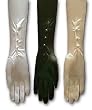 16-Button Opera Length Shiny Stretch Satin Spandex Gloves, with 3 pearlized button Mousquetaire Opening at the Wrist, Cuff Extends 4" Above the Elbow.