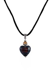 Necklace - N220 - Heart Shape Murano Style Glass ~ Black and Copper Stripe