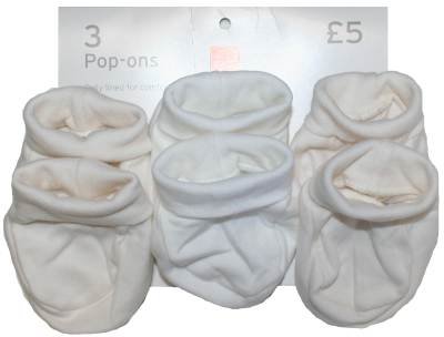 Ex Store 3 Pairs Baby Booties Pop-Ons White Cream 6-9 Months
