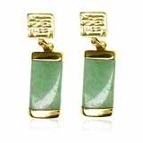 18K Gold over Sterling Silver Chinese Green Jade Motif Dangle Earrings