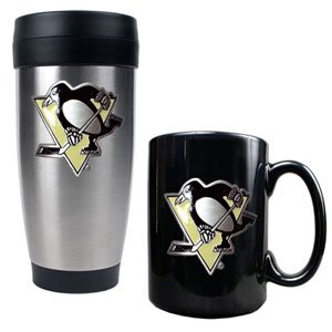 Pittsburgh Penguins Stainless Steel Travel Tumbler & Black Ceramic Mug Set - Primary Logo NHL Hockey