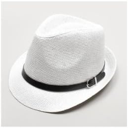 Women Men Casual Trendy Beach Sun Straw Panama Jazz Hat Cowboy Fedora Gangster Cap with Black Ribbon white