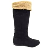 Womens Black Fold-Down Flat Knee High Comfort Ladies Boots Size 3-8