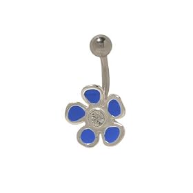 Sterling Silver Enamel Design Blue Flower Belly Ring with Jewel