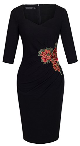 HOMEYEE Women's Chic Career Floral Ruched Slim Vintage Pencil Sheath Dress B347