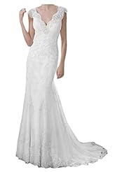 Sexy V-neck Natural   Waistline Open-Back Beaded Lace Satin Sheath Wedding Dress 