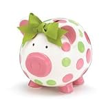 Pink and Green Polka dot Piggy Bank With Bow Adorable Nursery Decor And Gift