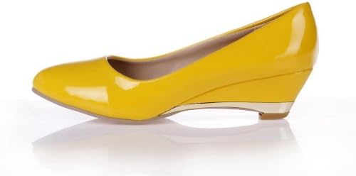 VogueZone009 Womens Closed Pointed Toe Low Heel Wedges PU Soft Material Solid Pumps, Yellow, 10.5 B(M) US