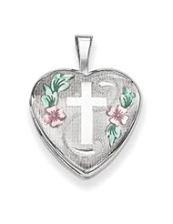 Genuine IceCarats Designer Jewelry Gift Sterling Silver 16Mm D/C & Enameled Cross & Flowers Heart Locket