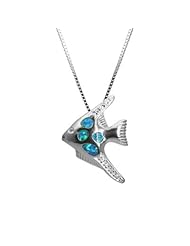 CZ Accented Sterling Silver Fish Necklace Pendant with Blue Opal and Box Chain