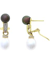 0.14CTW 14K Yellow Gold Genuine Black + White Pearl and Diamond Dangling French Clip Earrings
