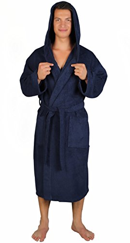 Arus Men's Classic Hooded Bathrobe Turkish Cotton Terry Cloth Robe (S/M,N.Blue)