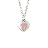 Children's Rhodium Plated Pewter Heart w/ Pink Cross Pendant by Bob Siemon, 14