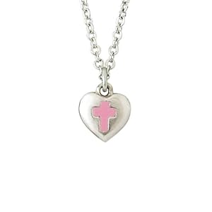 Children's Rhodium Plated Pewter Heart w/ Pink Cross Pendant by Bob Siemon, 14