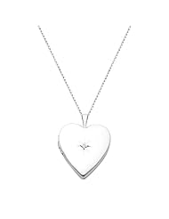 14K White Gold Diamond-Accent Heart Locket Pendant (0.8" Inches or 20mm, 1/10 ctw., GH, SI) with 1.2mm Rolo Cable Chain - 18" Inches
