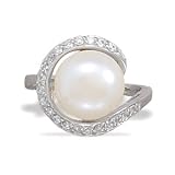 Rhodium Plated Ring with Cultured Freshwater Pearl Wrapped in CZs