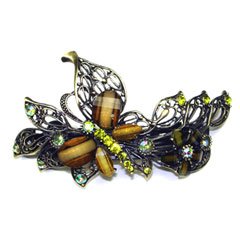Green Color Austrian Rhinestone Butterfly Brass-Tone Hair Barrette