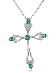 Sterling Silver Created Emerald and Diamond Cross Pendant Necklace, 18"