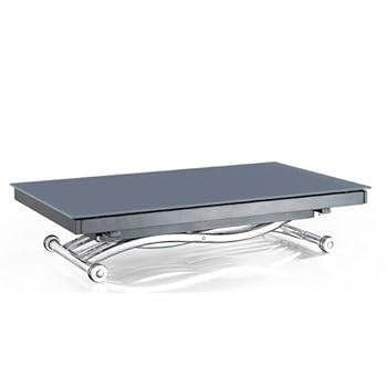 Table basse FORM relevable extensible, plateau en verre gris.