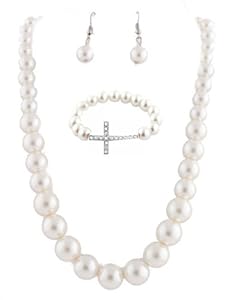 Ladies Ivory Pearl Style Necklace Earrings and Matching Cross Bracelet Jewelry Set