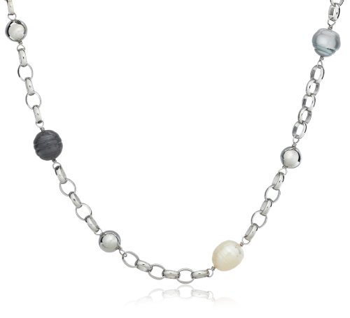 Sterling Silver Tin Cup White and Dyed Black and Grey Freshwater Cultured Pearl Necklace