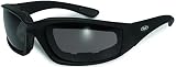 MOTORCYCLE SMOKED GLASSES MOTORCYLE SUNGLASSES PADDED EYEWEAR Shatterproof Polycarbonate Lenses Matte black frame UV400 Filter for Maximum UV Protection Thick, Vented EVA foam padding on the entire inside of the glasses to fit snug to your face and protect against wind and dust