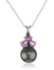 10k White Gold Pink Sapphire, Tahitian Cultured Pearl and Diamond Pendant Necklace (0.01 cttw, Black, Color, I2-I3 Clarity), 17"