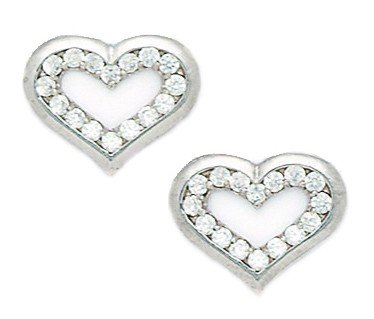 14k White Gold CZ Big Heart Fancy Post Earrings - Measures 12x15mm - JewelryWeb