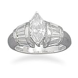 Cubic Zirconia CZ Sterling Silver Ring, 11mm CZ Marquise Ring w/Baguettes, Sizes 5-10