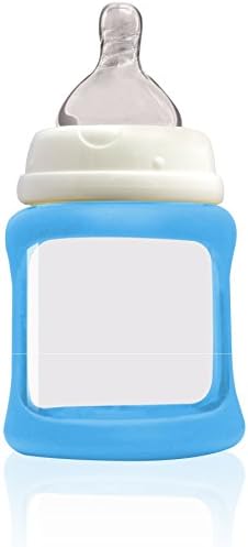 Cherub Baby Wide Neck Glass Baby Bottle * NatriBaby Bottle with Color Changing Technology & Shock Absorbing Silicone Sleeve * Lightweight * BPA Free * Safe - 5.1 oz. Light Blue