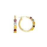 14K Yellow Gold Square Shaped Multi-Colored Stone Hoop Earrings