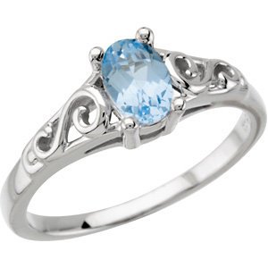14 Karat White Gold Youth Teen Imitation Aquamarine March Birthstone Ring