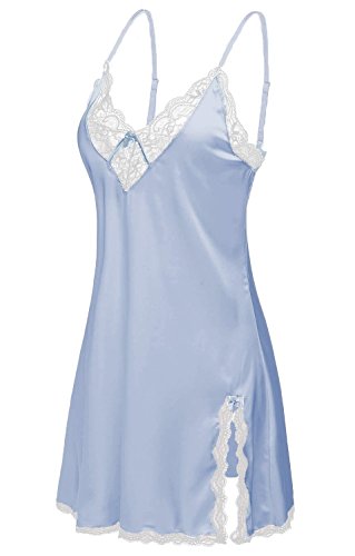 Halife Women's Sexy Sling V-neck Lace Trim Satin Chemises Slip Sleepwear