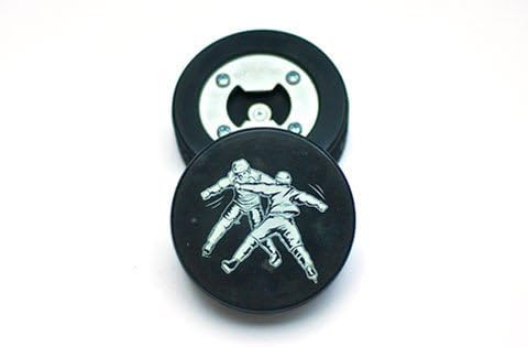 Hockey Fight Puck Bottle Opener Made From a Real Puck, Magnetic Cap Catcher, Coaster