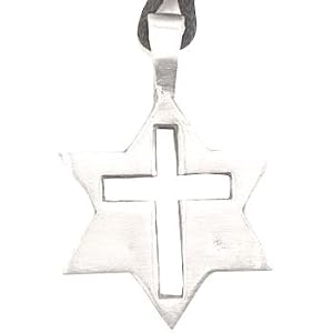 Christian Cross In Jewish Star Pewter Pendant Necklace