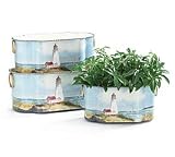 Set Of 3 Lighthouse Tin Planters/Pails Beautiful Nautical/Beach Decor