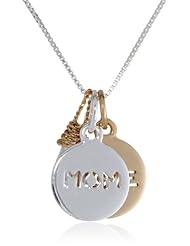 Two-Tone Sterling Silver with Yellow Gold Flashed "Mom" and "Love" Charm Necklace with Crystal, 18"