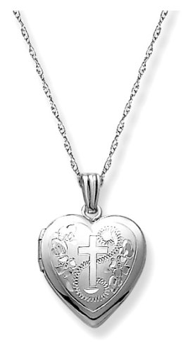 14k White Gold Engraved Cross Heart Locket, 18″