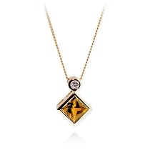 14k Yellow Gold Citrine Princess Cut and Diamond Pendant, 17"