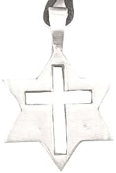 Christian Cross In Jewish Star Pewter Pendant Necklace