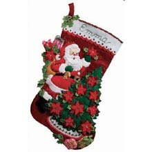 Bucilla 18-Inch Christmas Stocking Felt Applique Kit, Santa Poinsettia Tree