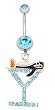 Stainless Steel Belly Ring with Aqua CZ - Dangling Penguin on Cocktail