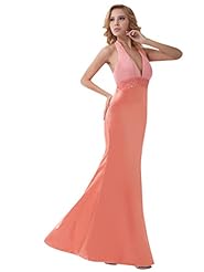 V-neck Halter Floor Length Satin Beaded Open-Back Lace Mermaid Empire   Waistline Prom Dress 