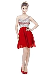 Junior One Shoulder Chiffon Cocktail Short Flowy  Asymmetric Crystals Crystal Homecoming Dress/Bridesmaid Dress/Prom Dress/Party Dress  With Rhinestones